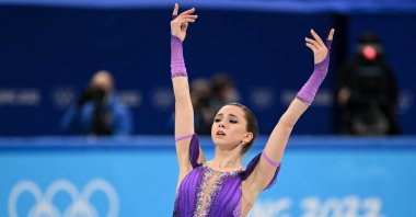 Russia&#039;s Kamila Valieva competes in the women&#039;s single skating short program at the Beijing 2022 Winter Olympic Games, Beijing, China, Feb. 15, 2022. (AFP Photo)