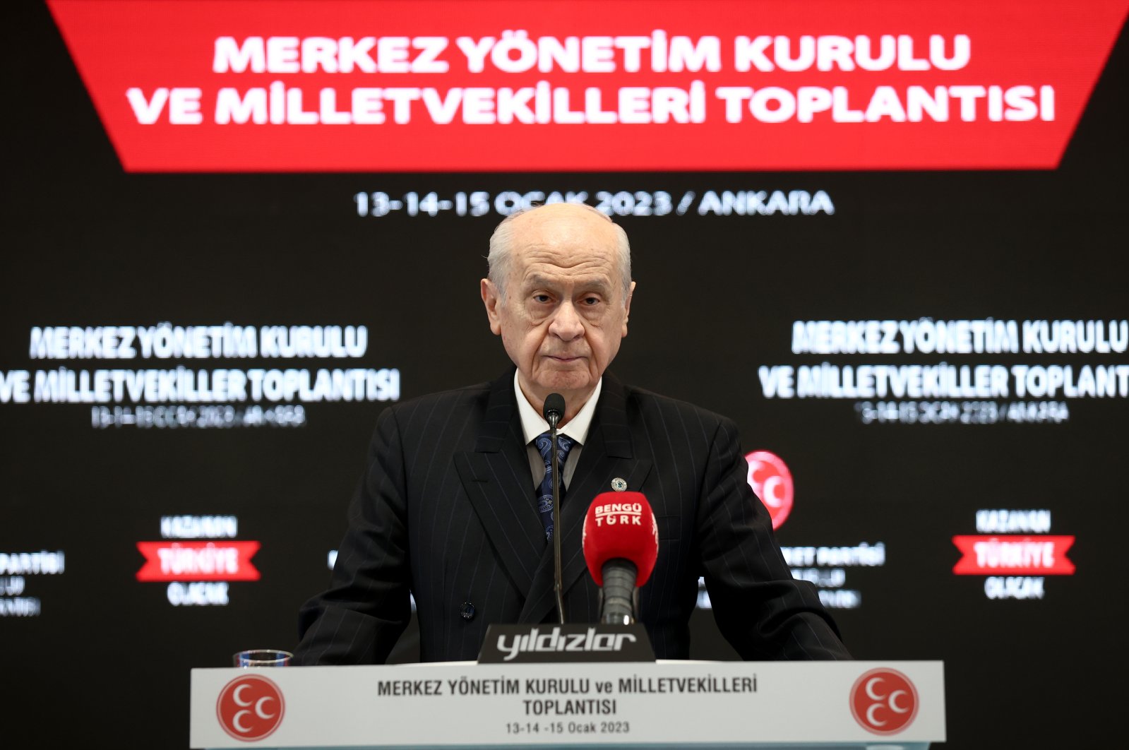 MHP Chair Devlet Bahçeli speaks at his party&#039;s event, in the capital Ankara, Türkiye, Jan. 15, 2023. (AA Photo)