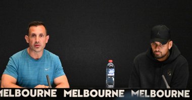 Australia&#039;s Nick Kyrgios (R) and his physio Will Maher attend a press conference on day one of the Australian Open tennis tournament, Melbourne, Australia, Jan. 16, 2023. (AFP Photo)