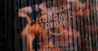 A photograph shows a sign of the World Economic Forum (WEF) at the Congress centre on the opening day of the World Economic Forum (WEF) annual meeting in Davos, Switzerland, Jan. 16, 2023. (AFP Photo)