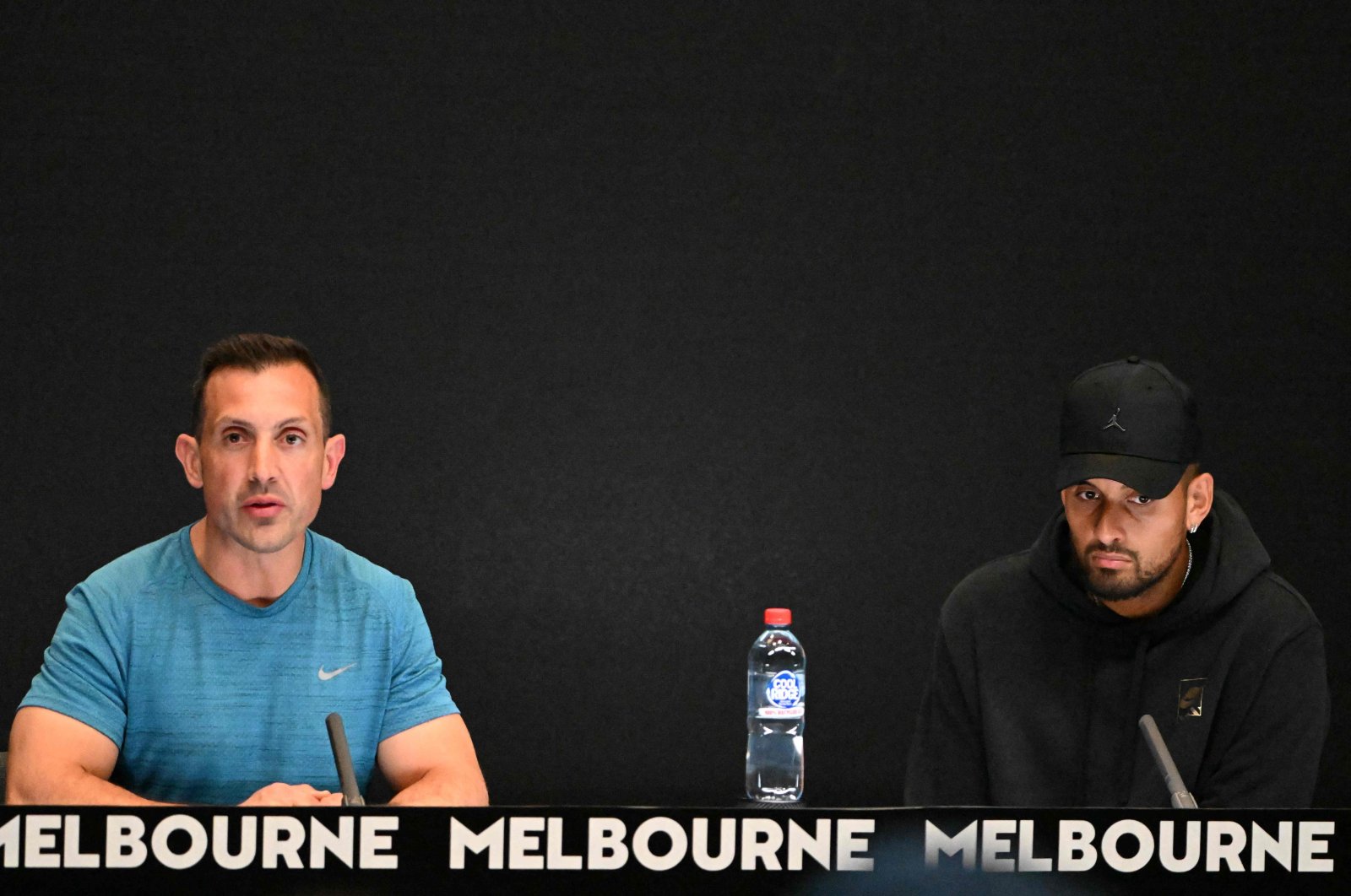 Australia&#039;s Nick Kyrgios (R) and his physio Will Maher attend a press conference on day one of the Australian Open tennis tournament, Melbourne, Australia, Jan. 16, 2023. (AFP Photo)