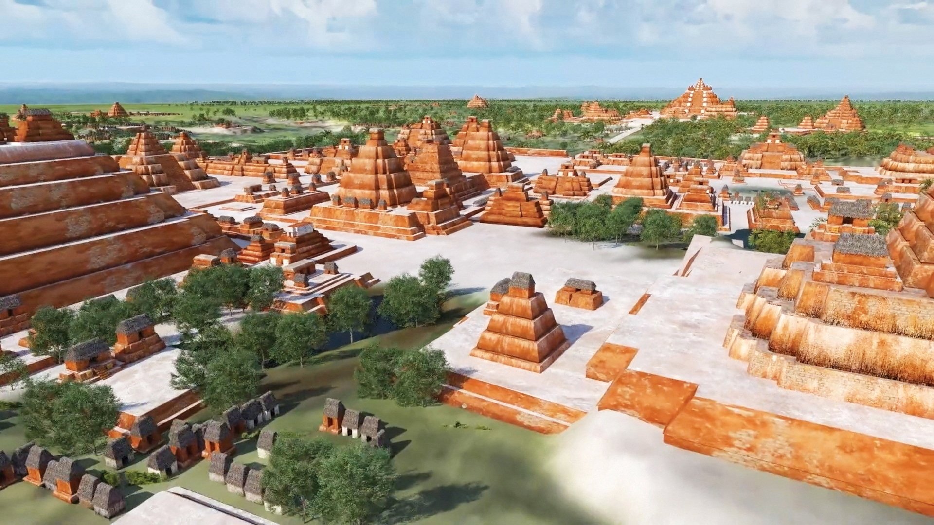Rendering seniman menunjukkan rekonstruksi kota Maya kuno yang terletak di area yang dikenal sebagai Mirador-Calakmul Karst Basin (MCKB) di Guatemala utara dan Campeche selatan, Meksiko, setelah penelitian menggunakan teknologi laser LiDAR oleh tujuh yayasan dan organisasi .  (Foto Reuters)