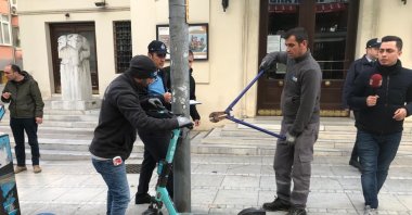 E-scooters parked incorrectly are taken away by the Kadıköy Municipality, Istanbul, Türkiye, Jan. 17, 2023. (DHA Photo)