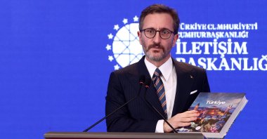 Communications Director Fahrettin Altun delivers a speech at the Directorate of Communications Conference Hall, Ankara, Türkiye, Jan. 17, 2023. (AA Photo)