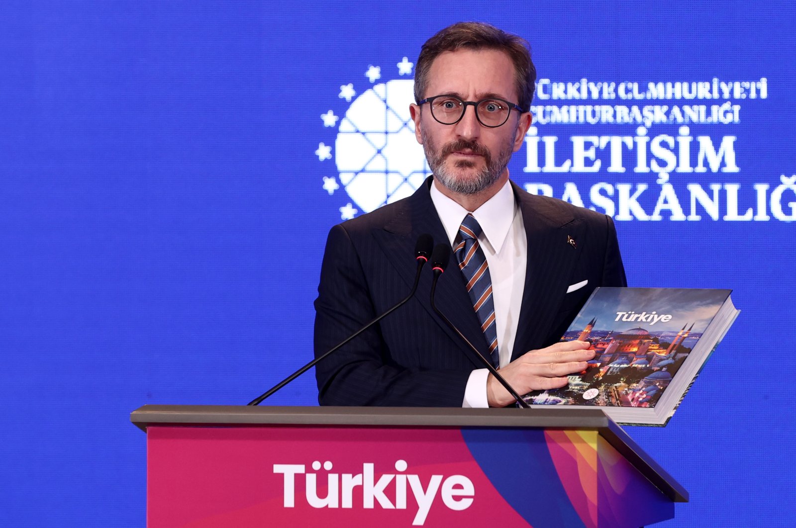 Communications Director Fahrettin Altun delivers a speech at the Directorate of Communications Conference Hall, Ankara, Türkiye, Jan. 17, 2023. (AA Photo)