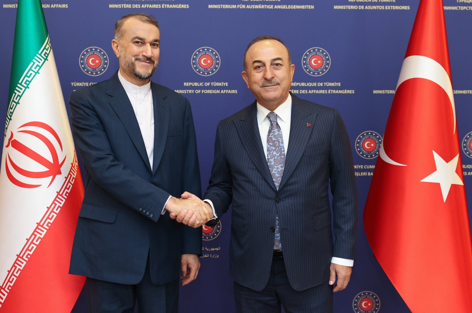 Foreign Minister Mevlüt Çavuşoğlu and his Iranian counterpart Hossein Amirabdollahian shake hands in Ankara, Jan. 17, 2023. (AA Photo)