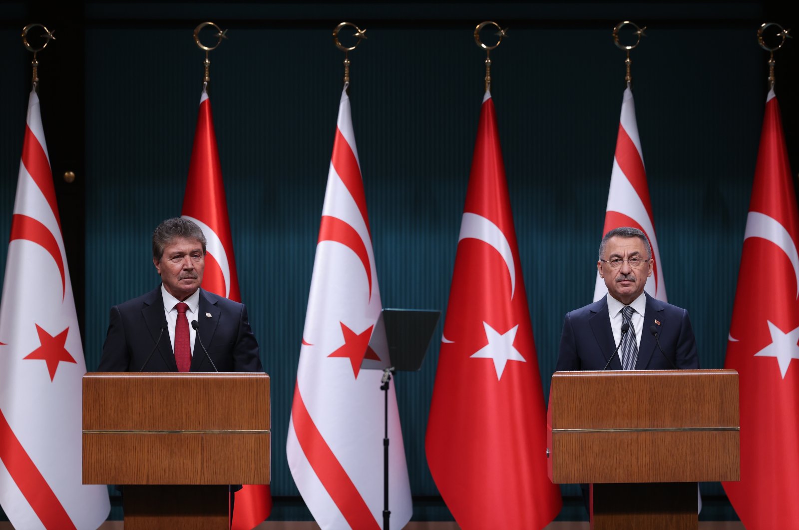 Vice President Fuat Oktay and TRNC Prime Minister Ünal Üstel attend joint news conference in Ankara, Jan. 17, 2023. (AA Photo)