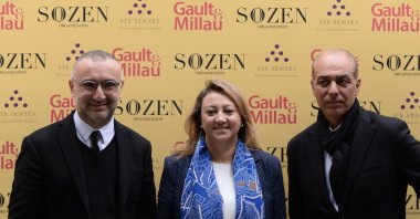 (L-R) Sözen Holding CEO Gökmen Sözen, Deputy Culture Minister Özgül Özkan Yavuz and Gault &amp; Millau CEO Patrick Hayoun pose during the news conference, Istanbul, Türkiye, Jan. 12, 2023. (Photo courtesy of Gastro Antep)