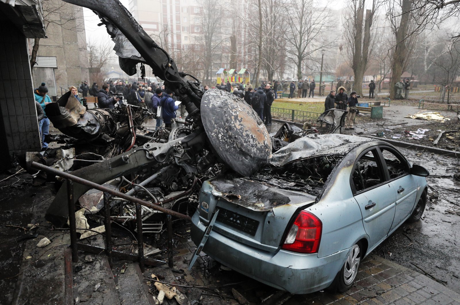 The scene of a helicopter crash in Brovary, near Kyiv, Ukraine, Jan. 18, 2023. (EPA Photo)