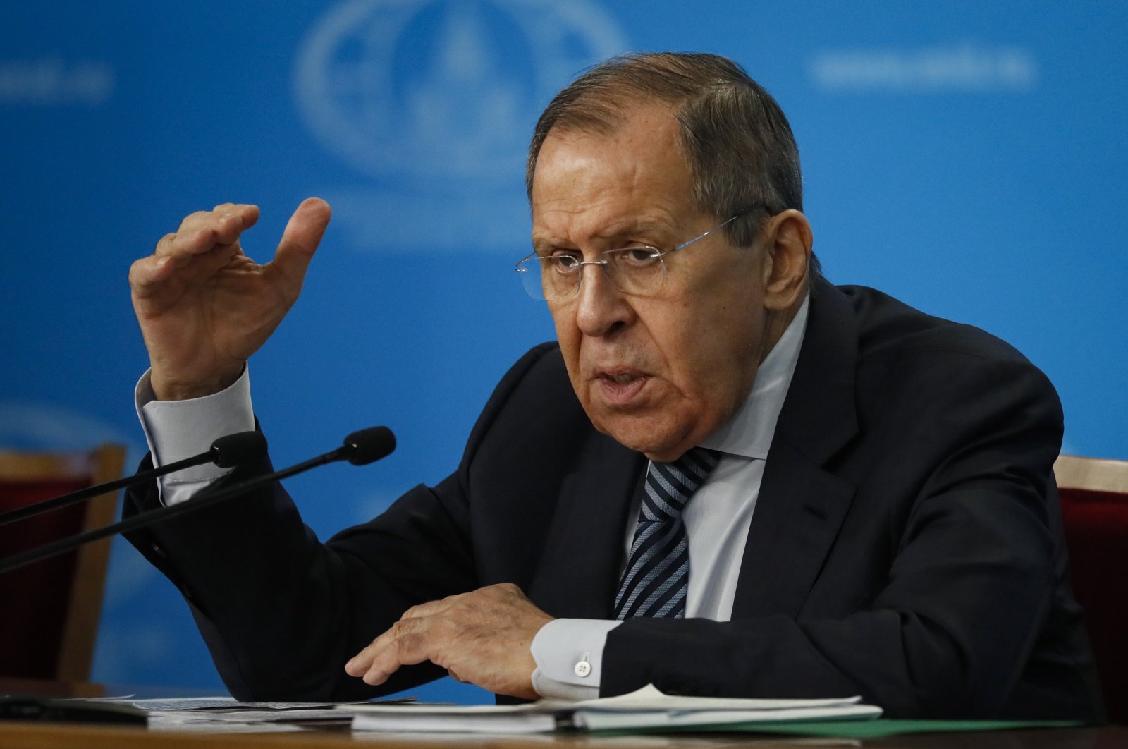 Russian Foreign Minister Sergei Lavrov addresses his annual news conference in Moscow, Russia, Jan.18, 2023. (EPA Photo)