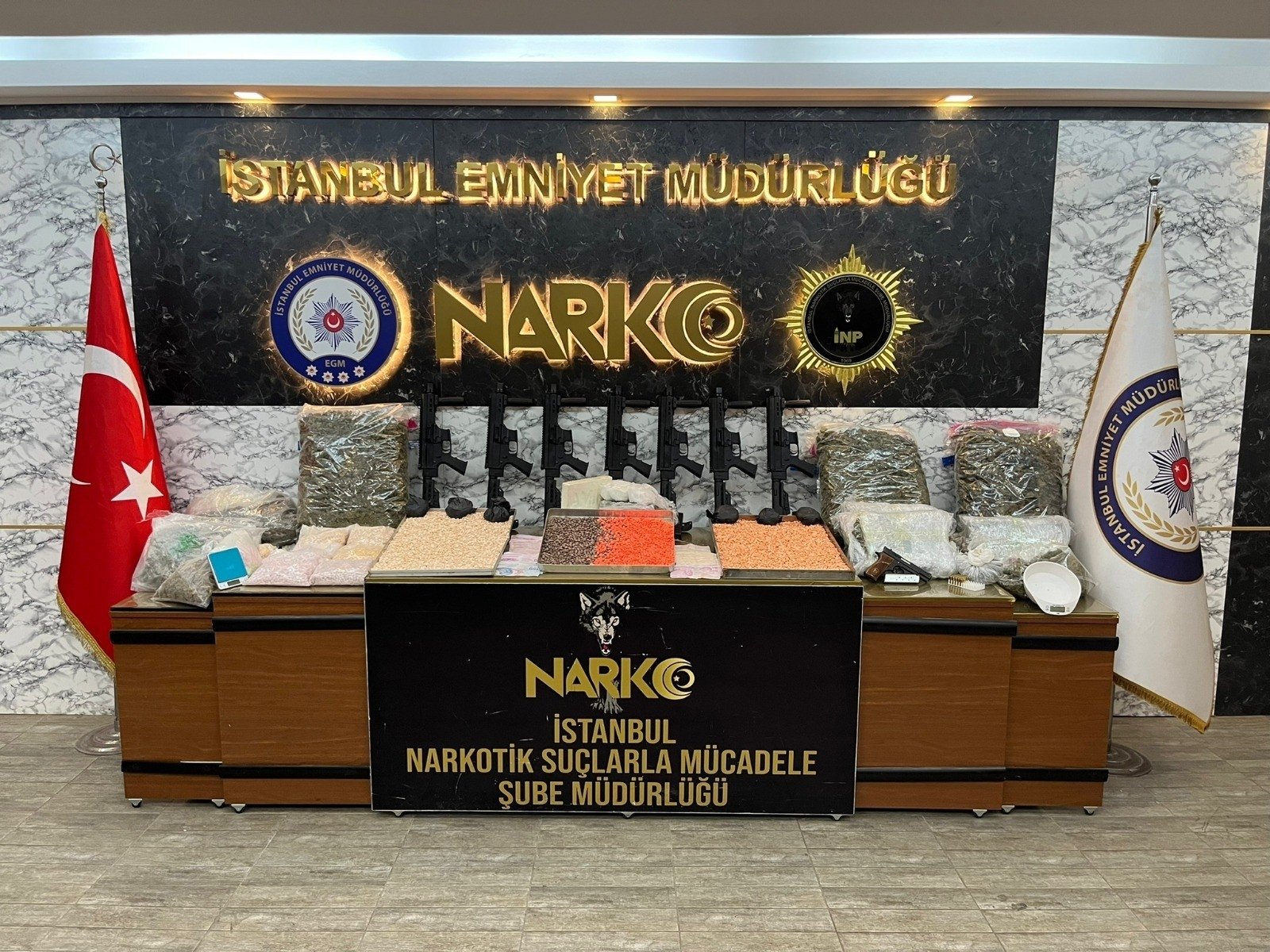 Drugs seized in counter-narcotics operations in Istanbul are displayed in Istanbul Police&#039;s Department Anti-Narcotics Crimes unit, Türkiye, Jan. 13, 2023. (IHA Photo)