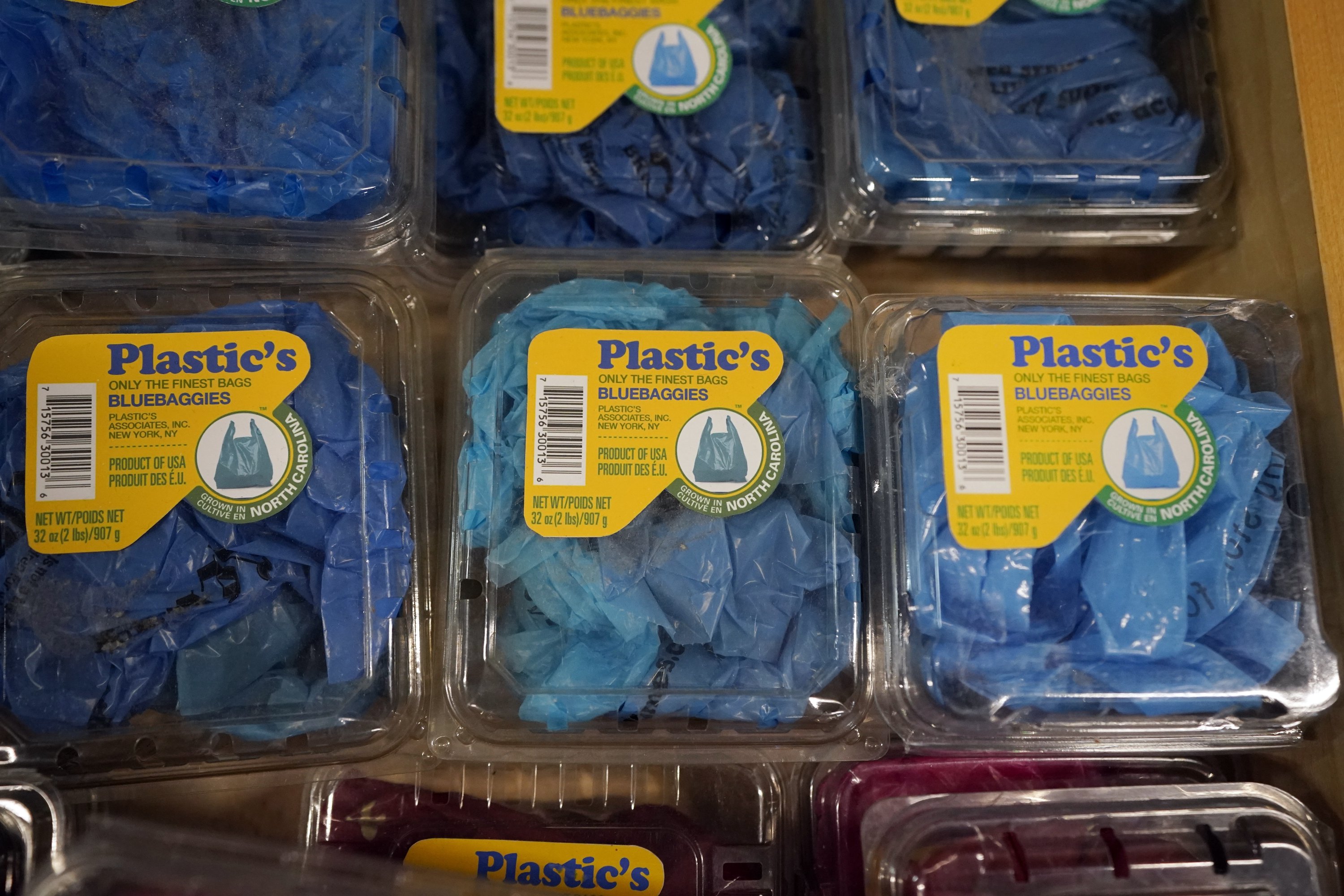 Wadah blueberry berisi kantong plastik biru dipajang di toko kelontong yang menampilkan ribuan produk yang seluruhnya terbuat dari plastik bekas, Selasa, 17 Januari 2023 di Ann Arbor, Michigan, AS, 17 Januari 2023. (Foto AP)