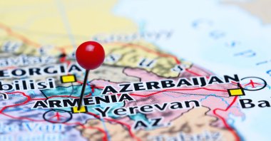 This photo illustration shows Armenia pinned on a map of Asia. (Shutterstock Photo)