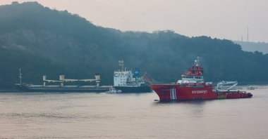 The Palau-flagged bulk carrier MKK1, carrying grain under the Black Sea grain initiative, is seen drifted aground in the Bosporus in Istanbul, Türkiye, Jan. 16, 2023. (Reuters Photo)