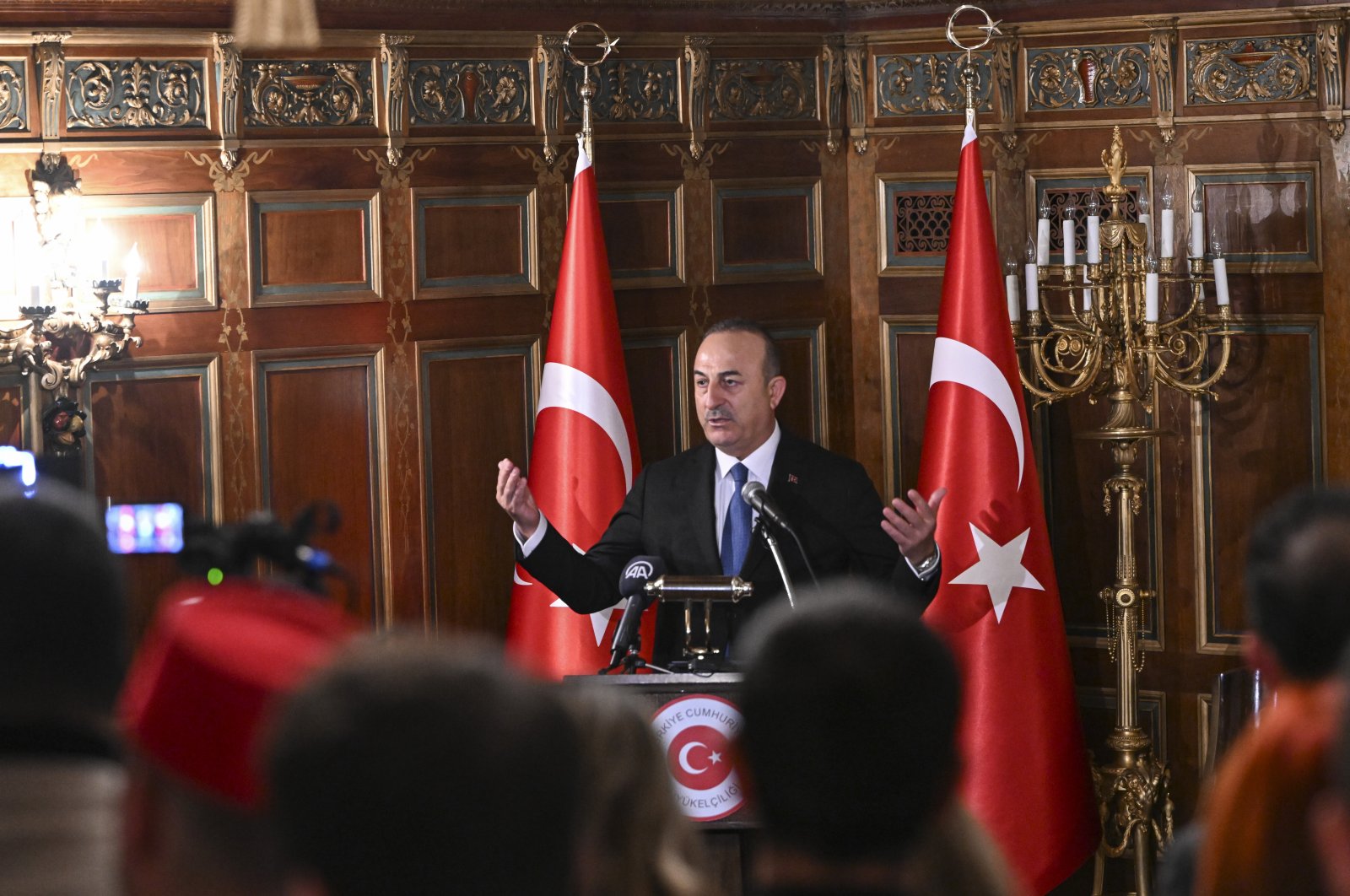 Foreign Minister Mevlüt Çavuşoğlu speaks during a meeting with the Turkish American community in Washington, D.C., U.S., Jan.18, 2023. (AA Photo)