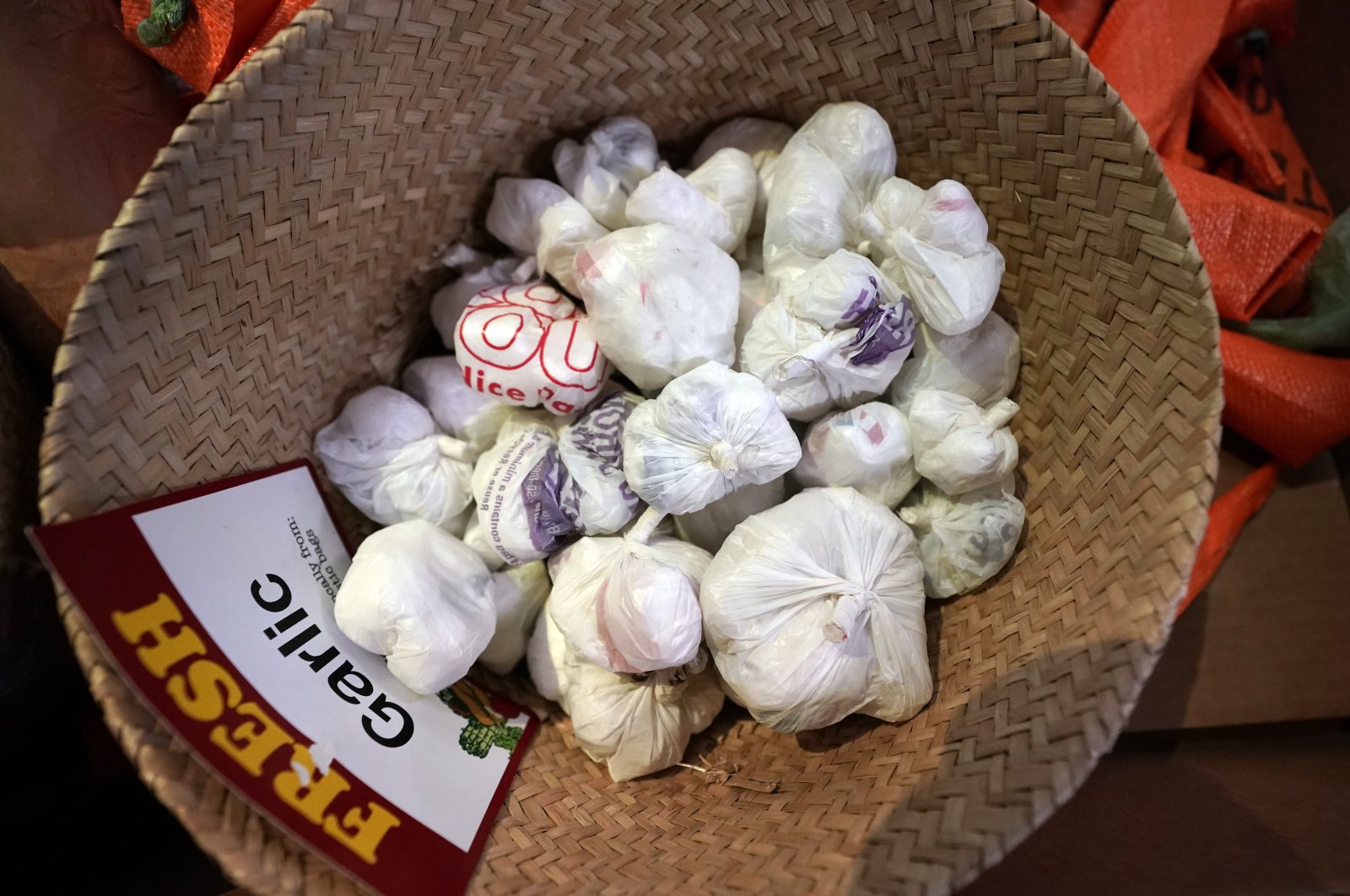 Garlic cloves made of plastic bags are displayed at a grocery store that features thousands of products made entirely of discarded plastic, in Ann Arbor, Michigan, U.S., Jan. 17, 2023. (AP Photo)