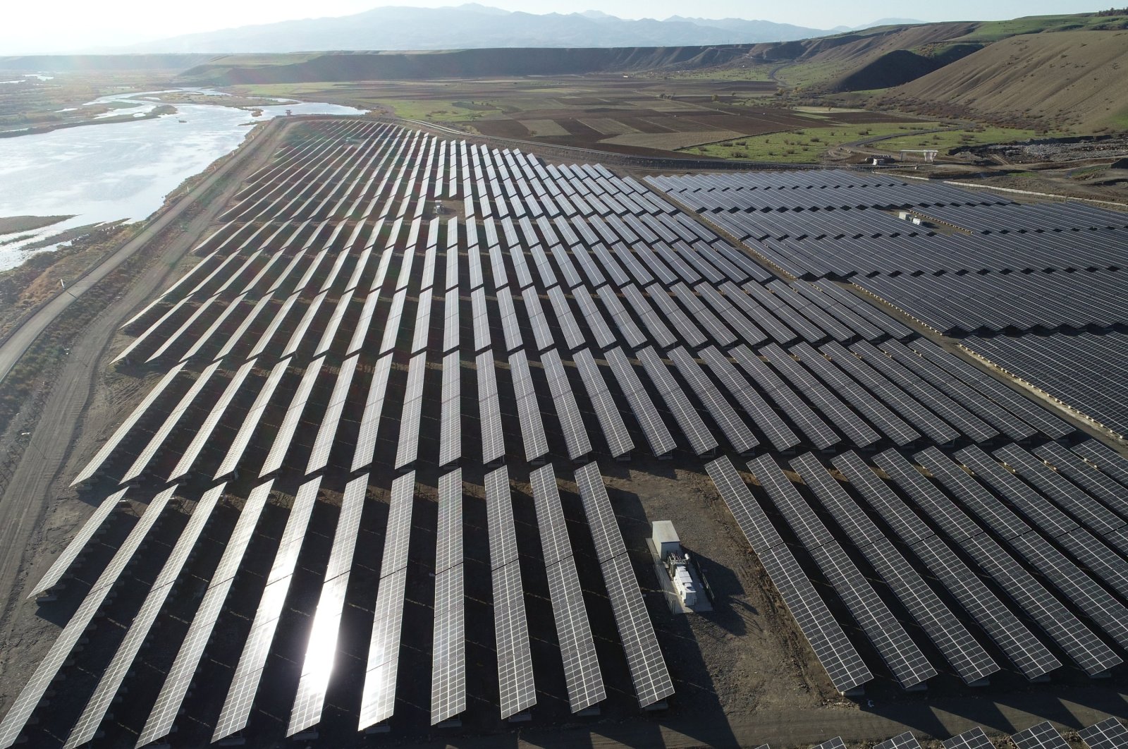 Solar panels are seen at a hybrid solar power plant in the eastern province of Bingöl, Türkiye, Nov. 9, 2021. (AA Photo)