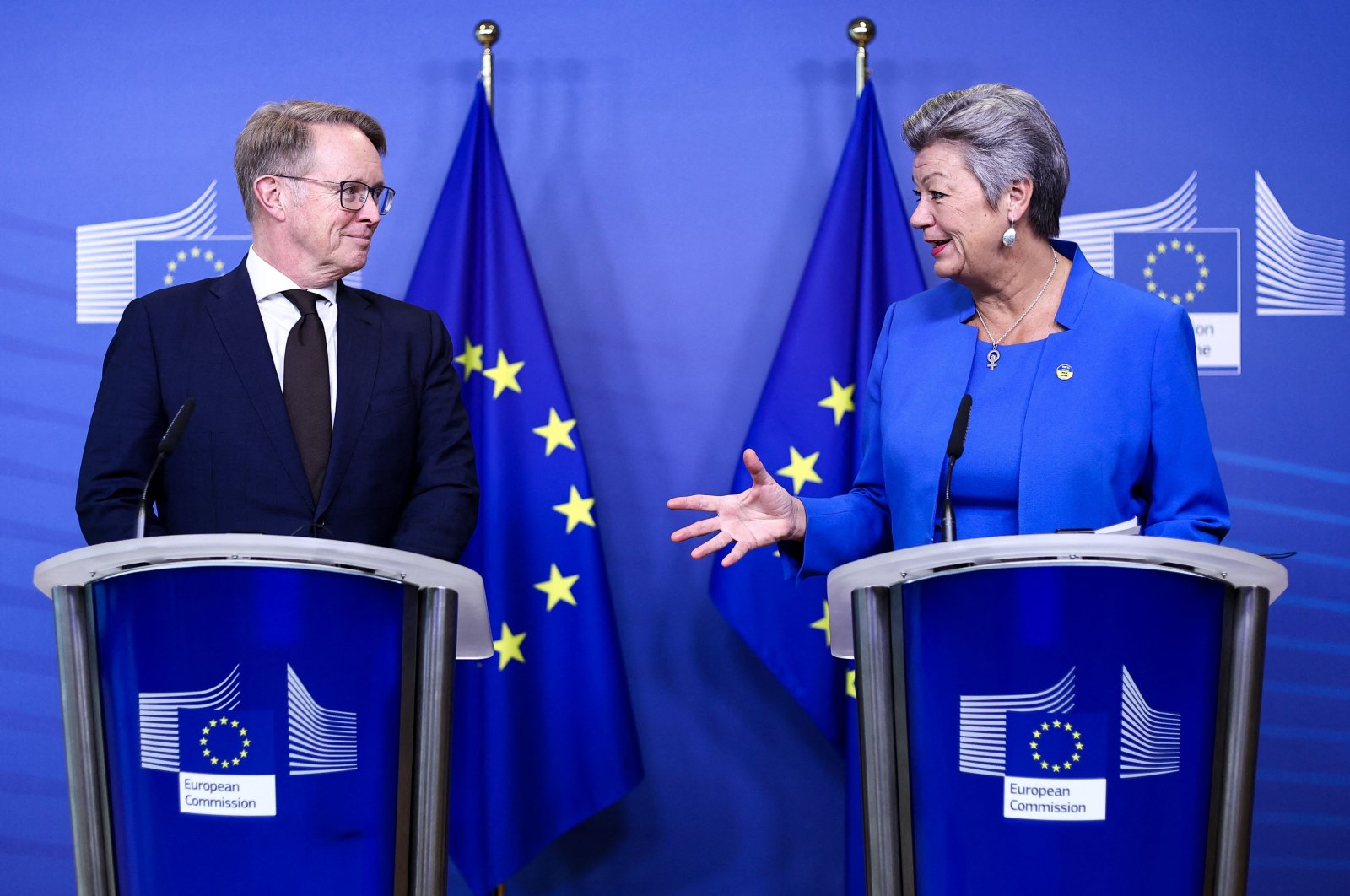 European Commissioner for Home Affairs Ylva Johansson (R) and new Executive Director of the European Border and Coast Guard (FRONTEX) Hans Leijtens give a news conference at the EU headquarters in Brussels, Belgium, Jan. 19, 2023. (AFP Photo)