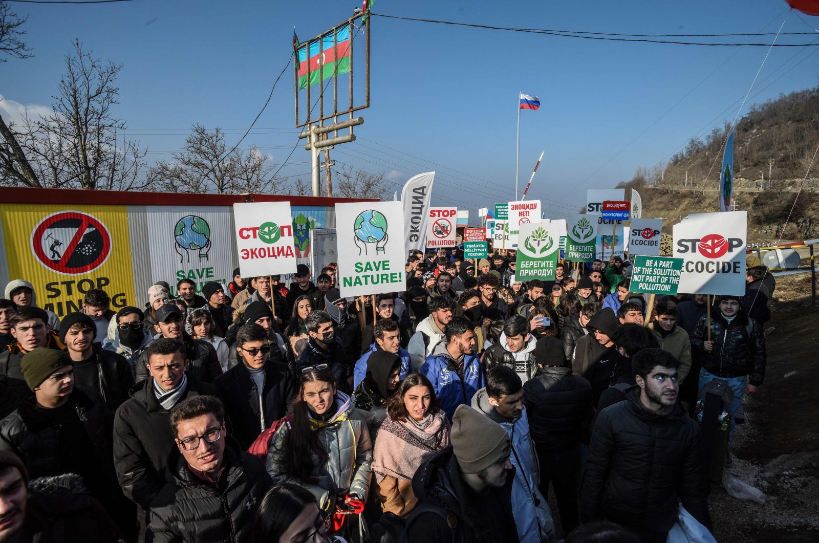 Azerbaijani environmental activists protest what they claim is illegal mining at the Lachin corridor, in Karabakh, Dec. 26, 2022. (AFP File Photo)