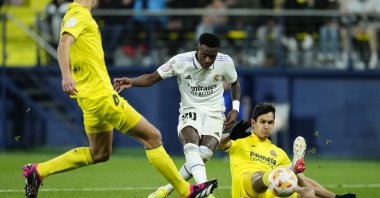 Real Madrid's Vinicius Junior shoots for goal in Copa del Rey match against Villarreal at the Madrigal Stadium, Villarreal, Spain, Jan. 19, 2023. (AA Photo)