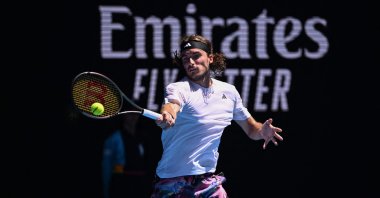 Greece&#039;s Stefanos Tsitsipas hits a return against Netherlands&#039; Tallon Griekspoor during their men&#039;s singles match on day five of the Australian Open tennis tournament, Melbourne, Australia, Jan. 20, 2023. (AFP Photo)