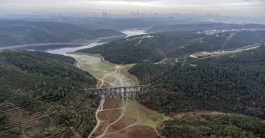 An aerial view of the drought-hit Alibeykoy dam in Istanbul, Türkiye, Jan. 11, 2023. (EPA Photo)