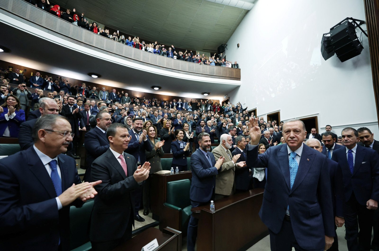 President Recep Tayyip Erdoğan greets Justice and Development Party (AK Party) lawmakers and supporters at a meeting at Parliament in the capital Ankara, Türkiye, Jan. 18, 2023. (Reuters Photo)