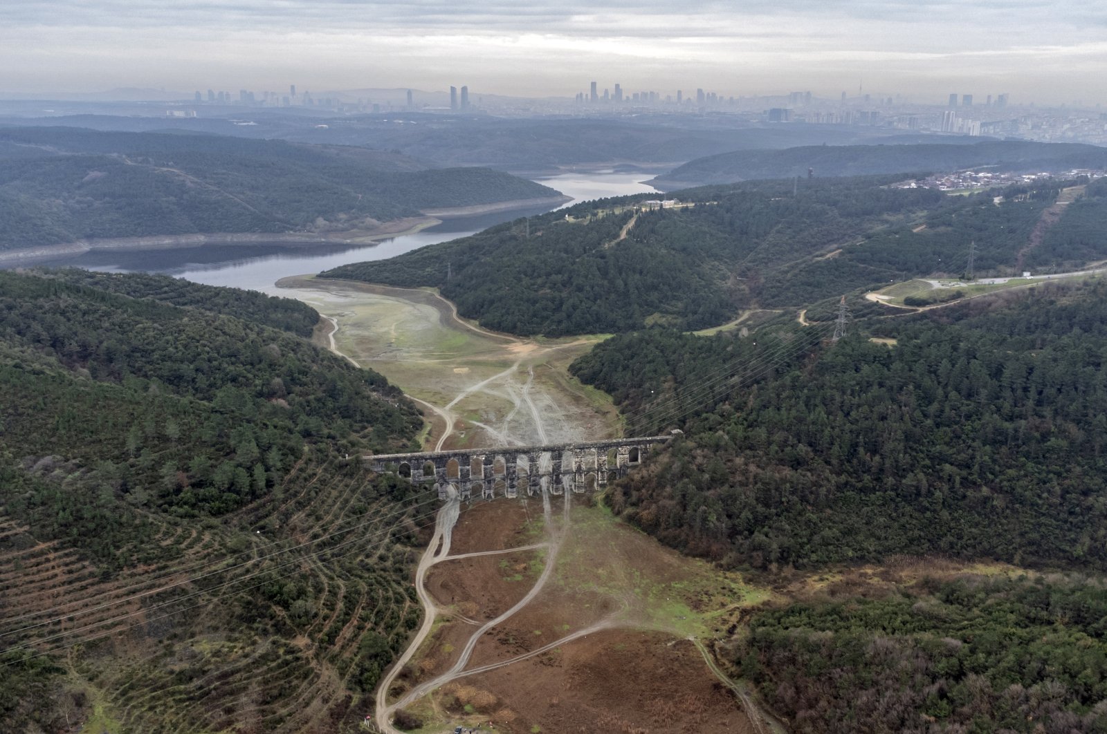 An aerial view of the drought-hit Alibeykoy dam in Istanbul, Türkiye, Jan. 11, 2023. (EPA Photo)