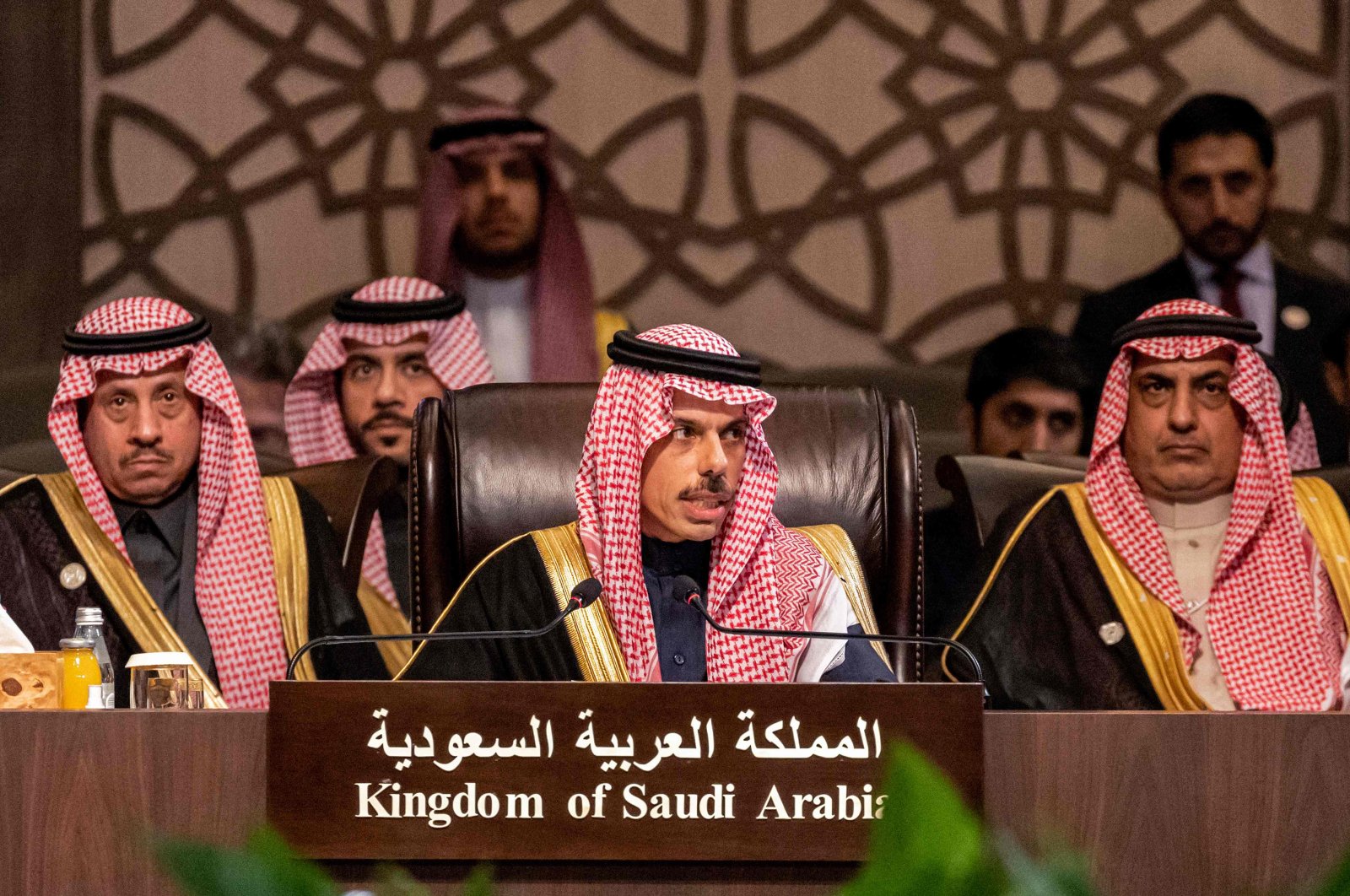 Saudi Arabia&#039;s Foreign Minister Prince Faisal bin Farhan al-Saud (C) speaks at the &quot;Baghdad Conference for Cooperation and Partnership&quot; in Sweimeh, Jordan, Dec. 20, 2022. (AFP Photo)