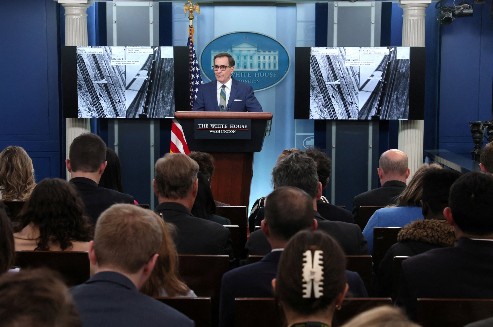 White House National Security Council Strategic Communications Coordinator John Kirby presents images that allege railcar movement between Russia and North Korea during a press briefing at the White House in Washington, U.S., Jan. 20, 2023. (Reuters Photo)