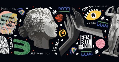 This illustration shows a plaster bust, statues and abstract shapes, spots and lines. (Shutterstock Photo)