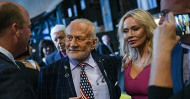 Former NASA astronaut Buzz Aldrin arrives with girlfriend Anca Faur for an Apollo 11 anniversary celebration dinner, Alabama, U.S., July 17, 2019. (AFP Photo)