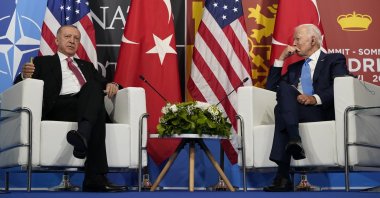 President Recep Tayyip Erdoğan and U.S. President Joe Biden during a meeting at the NATO summit in Madrid, Spain, June 29, 2022. (AP Photo)