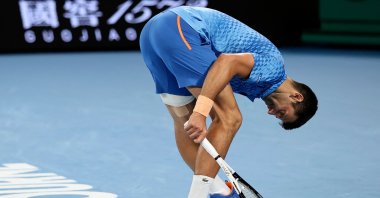 Serbia&#039;s Novak Djokovic reacts as he competes against Bulgaria&#039;s Grigor Dimitrov during their men&#039;s singles match on day six of the Australian Open tennis tournament, Melbourne, Australia, Jan. 21, 2023. (AFP Photo)