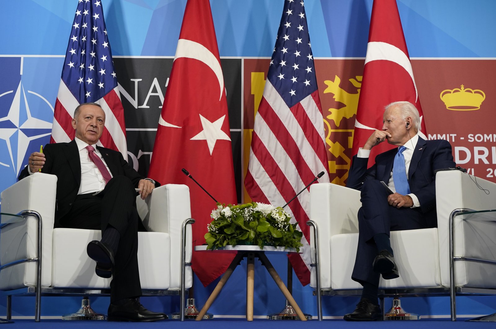 President Recep Tayyip Erdoğan and U.S. President Joe Biden during a meeting at the NATO summit in Madrid, Spain, June 29, 2022. (AP Photo)