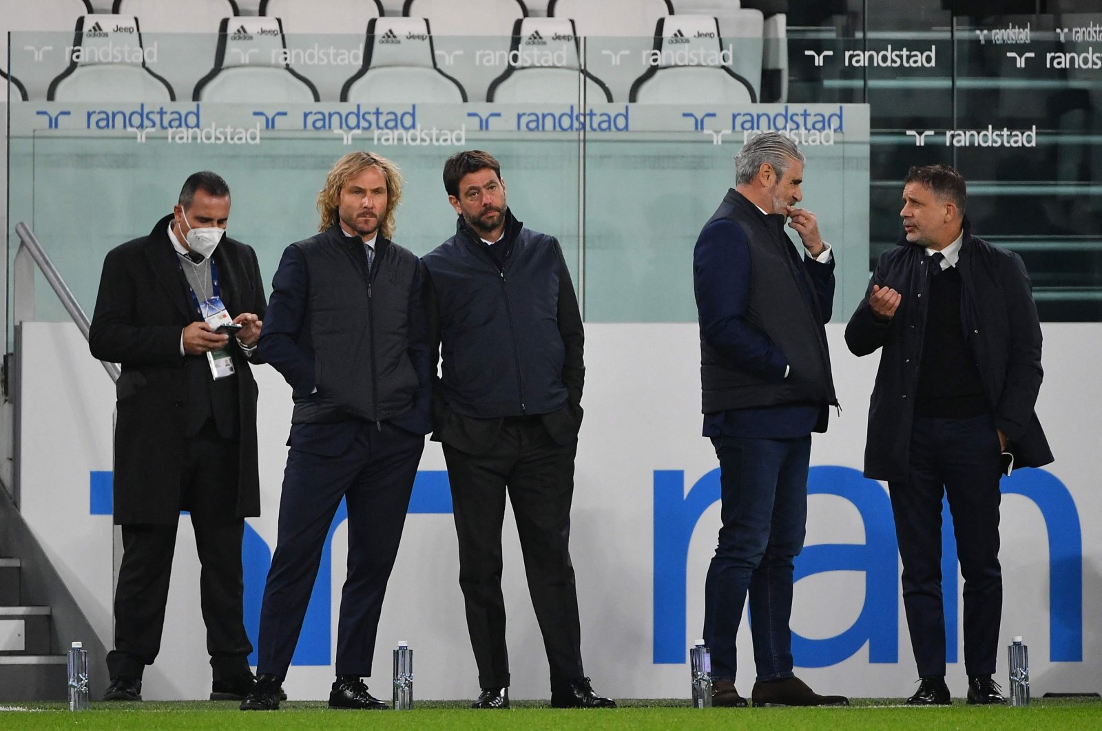 Juventus&#039; vice President Pavel Nedved (2nd L) and Juventus FC President Andrea Agnelli (3rd L) look on prior to the Italian Serie A football match between Juventus and Fiorentina at the Juventus stadium, Turin, Italy, Nov. 06, 2021. (AFP Photo)