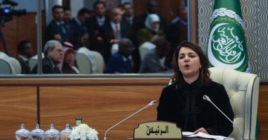 Libyan Foreign Affairs Minister Najla Mangoush speaks at the opening session of the meeting of Arab foreign ministers, in the capital Tripoli, Libya, Jan. 22, 2023. (AFP Photo)