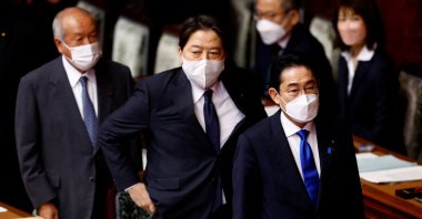 From left, Japan&#039;s Finance Minister Shunichi Suzuki, Foreign Minister Yoshimasa Hayashi and Prime Minister Fumio Kishida attend an ordinary session at the lower house of parliament in Tokyo, Japan, Jan. 23, 2023. (Reuters Photo)