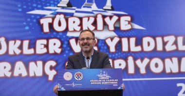Minister of Youth and Sports Mehmet Muharrem Kasapoğlu speaking at the opening of the 2023 Türkiye Juniors and Stars Chess Championship, Antalya, Türkiye, Jan. 22, 2023. (IHA Photo)