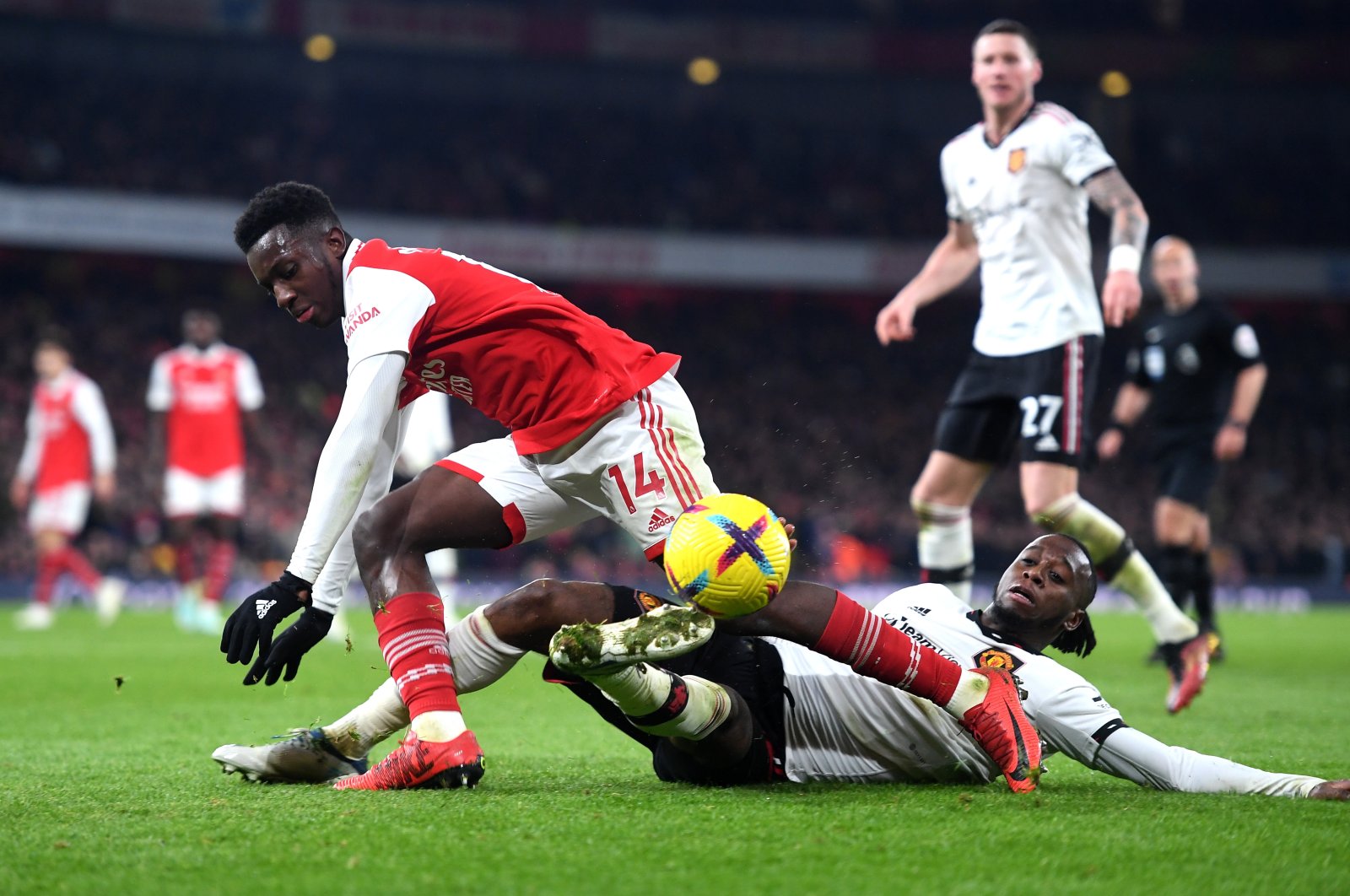 Arsenal&#039;s Eddie Nketiah (L) in action against Manchester United&#039;s Antony (R) during the English Premier League, London, Britain, Jan. 22, 2023. (EPA Photo)