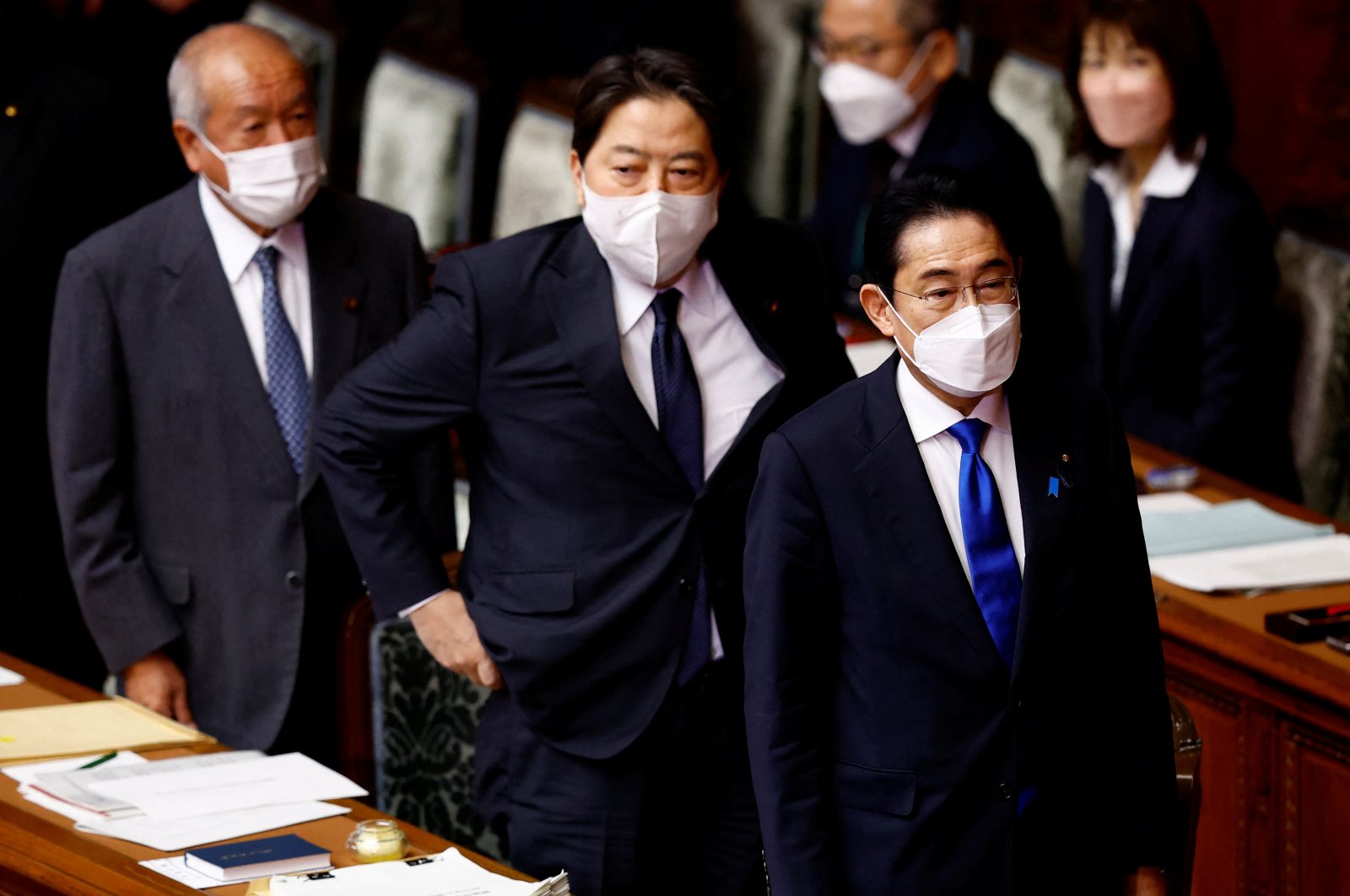 From left, Japan&#039;s Finance Minister Shunichi Suzuki, Foreign Minister Yoshimasa Hayashi and Prime Minister Fumio Kishida attend an ordinary session at the lower house of parliament in Tokyo, Japan, Jan. 23, 2023. (Reuters Photo)