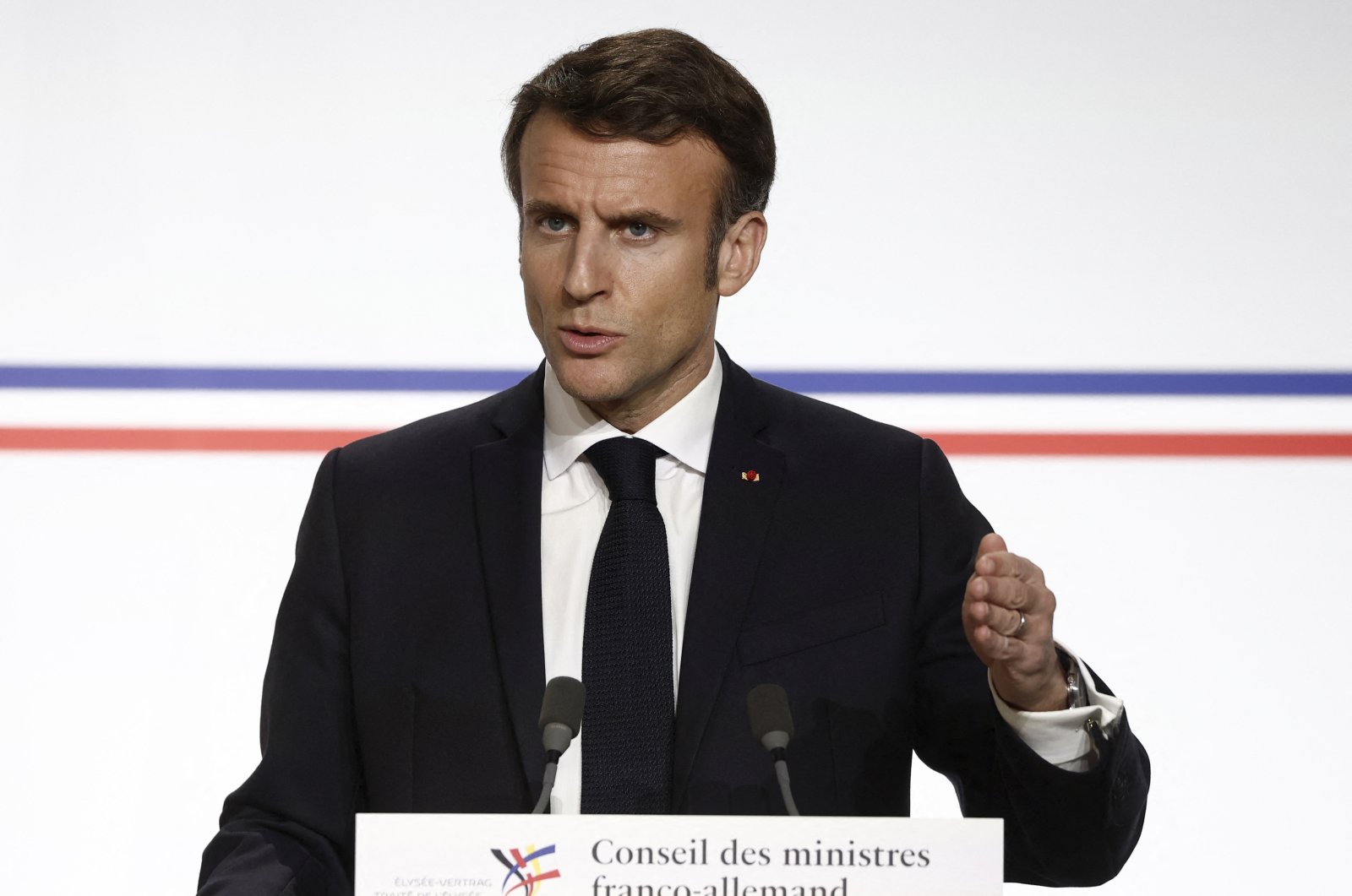 French President Emmanuel Macron speaks at a press conference, Paris, France, Jan. 22, 2023. (AP Photo)