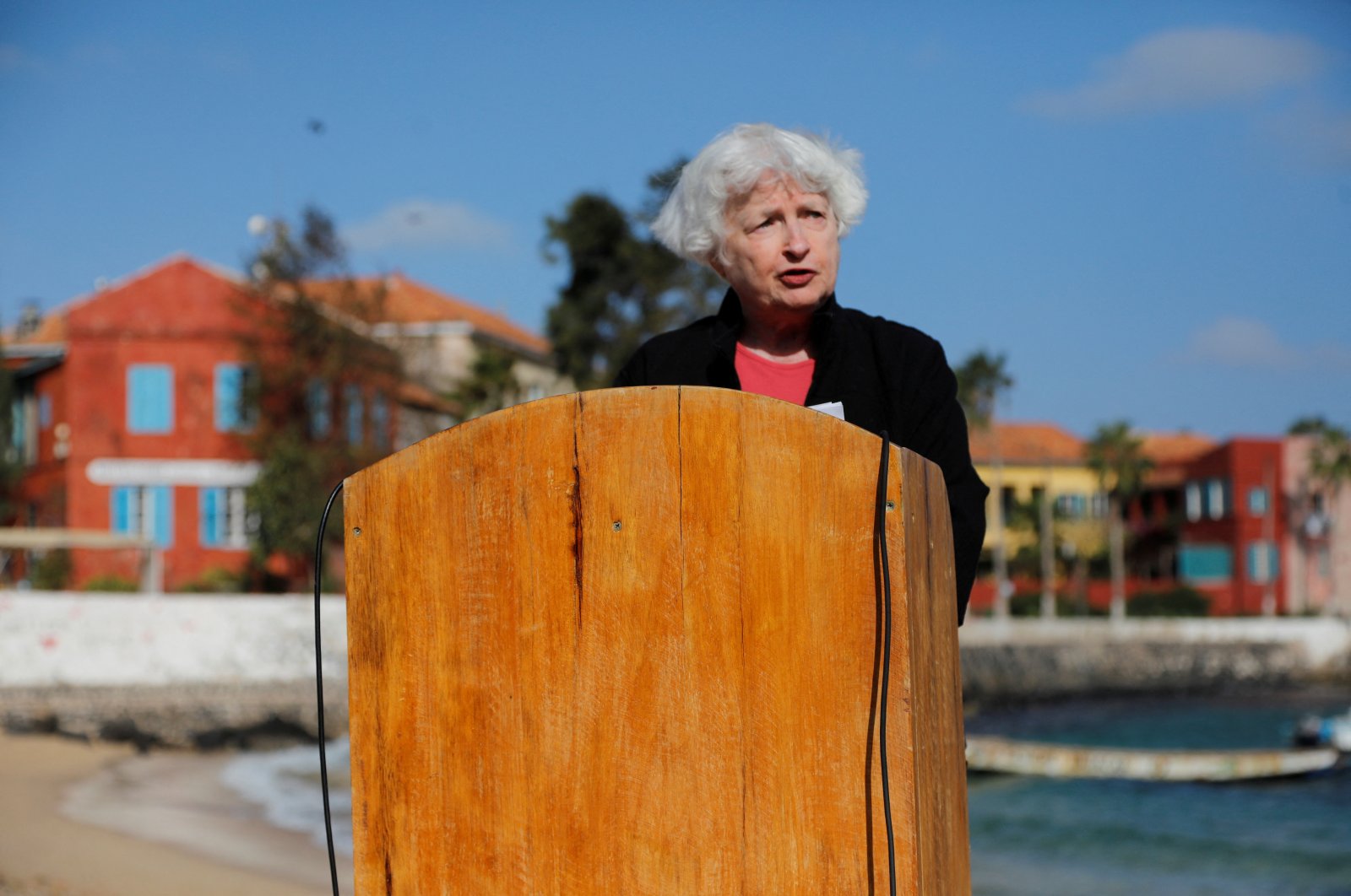 U.S. Treasury Secretary Janet Yellen delivers a speech after she visited the House of Slaves (Maison des Esclaves) at Goree Island off the coast of Dakar, Senegal, Jan. 21, 2023. (Reuters Photo)