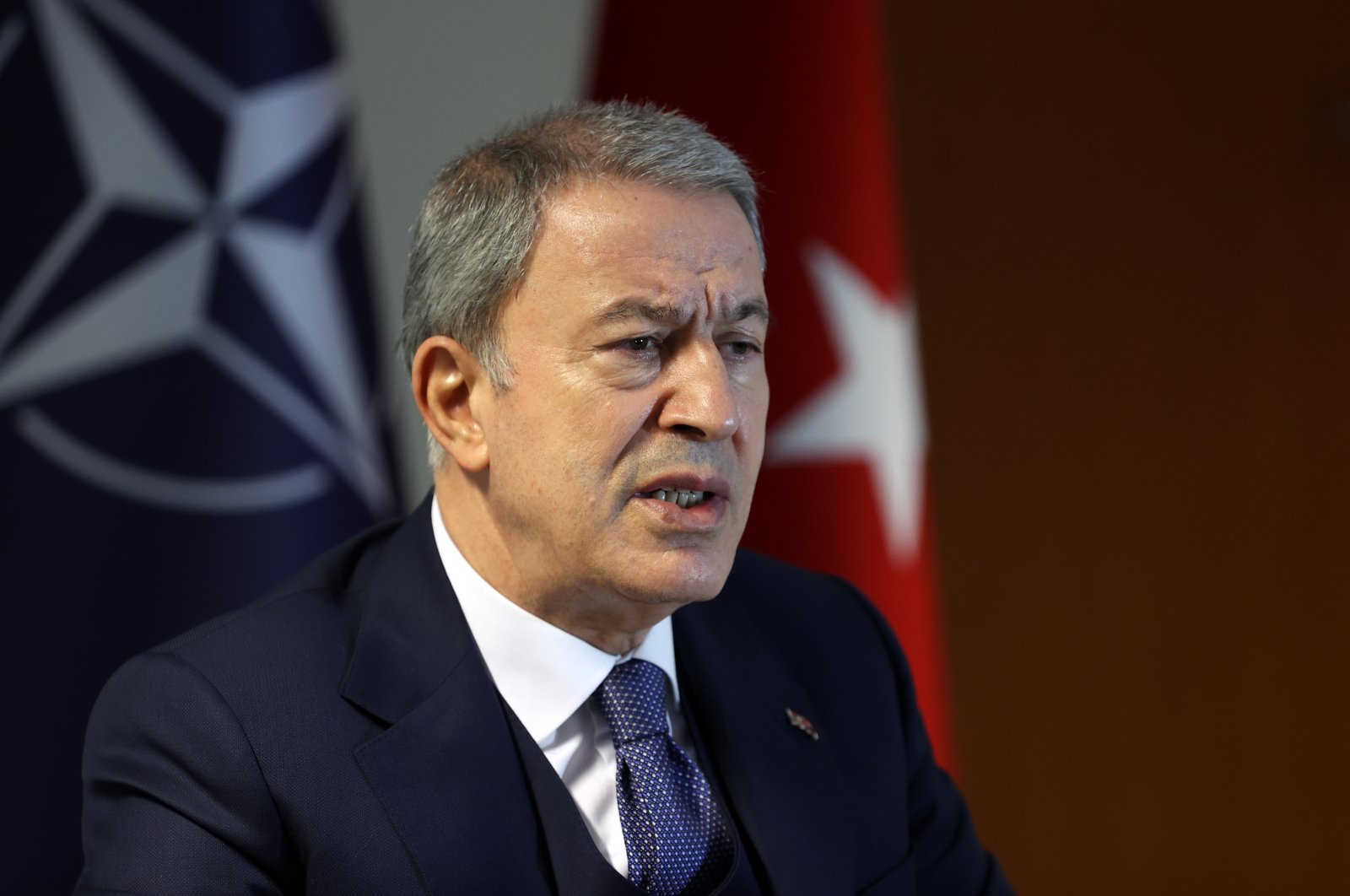 Defense Minister Hulusi Akar speaks at the Ukraine Defense Contact Group meeting at the Ramstein Air Base in Germany, Jan. 21, 2023. (AA Photo)