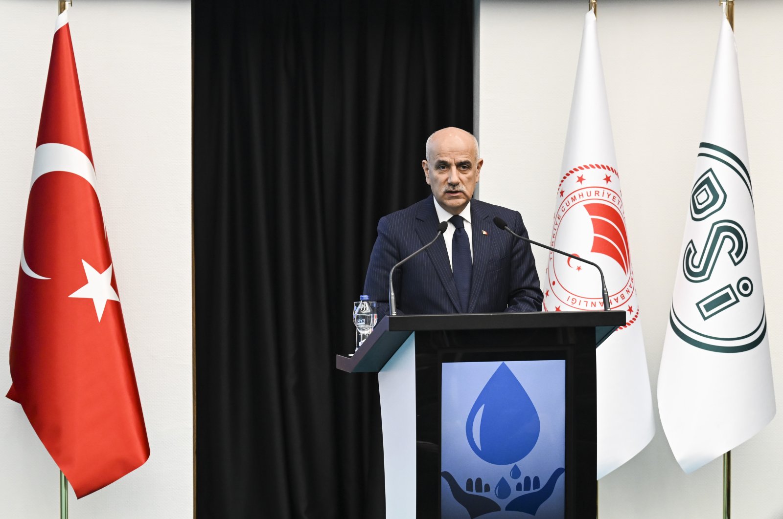 Minister of Agriculture and Forestry Vahit Kirişci giving a speech at the &quot;Drinking Water and Wastewater Management&quot; event held at the General Directorate of State Hydraulic Works (DSI) conference hall, Ankara, Türkiye, Jan. 23, 2023. (AA Photo)