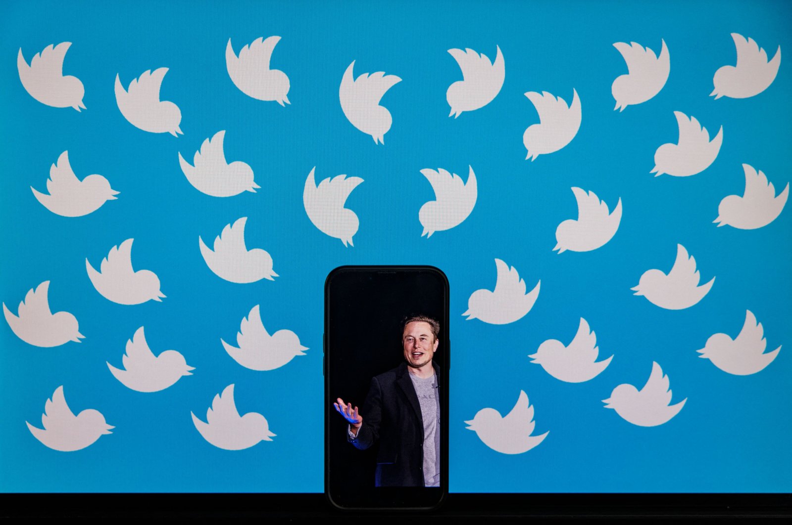 A photo illustration shows a cellphone displaying a photo of Elon Musk placed on a computer monitor filled with Twitter logos in Washington, DC, Aug. 05, 2022. (AFP Photo)