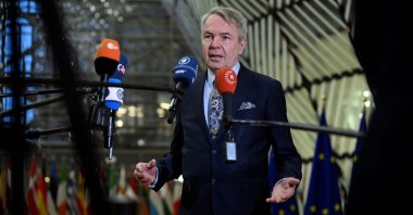 Finnish Foreign Minister Pekka Haavisto talks to the press during an EU foreign ministers meeting in Brussels, Belgium, Jan. 23, 2023. (AFP Photo)