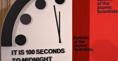 The Doomsday Clock reads 100 seconds to midnight, during an announcement at the National Press Club in Washington, U.S., Jan. 23, 2020. (AFP Photo)