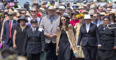 New Zealand Prime Minister Jacinda Ardern (C) and her caucus arrive at Ratana, New Zealand, Jan. 24, 2023. (AP Photo)