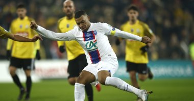 PSG’s Kylian Mbappe in action during the Coupe de France round of 32 match between Pays de Cassel and Paris Saint Germain at Bollaert stadium, Lens, France, Jan. 23, 2023. (EPA Photo)